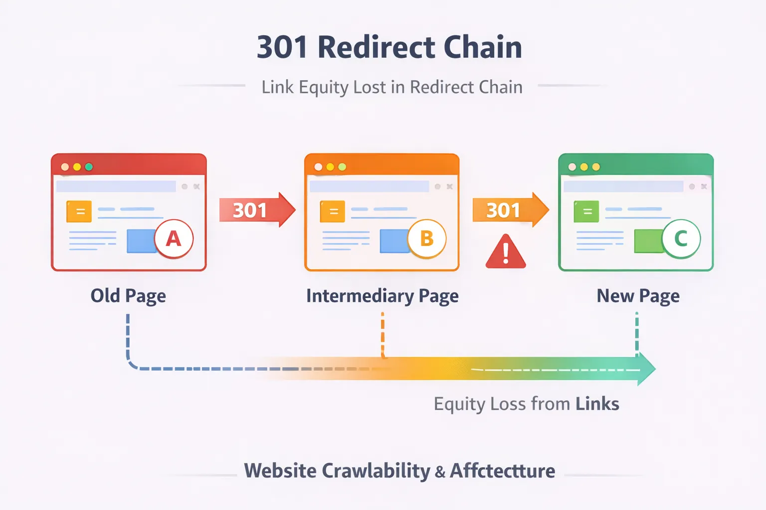 301 redirect chain example showing A to B to C issue in website migration