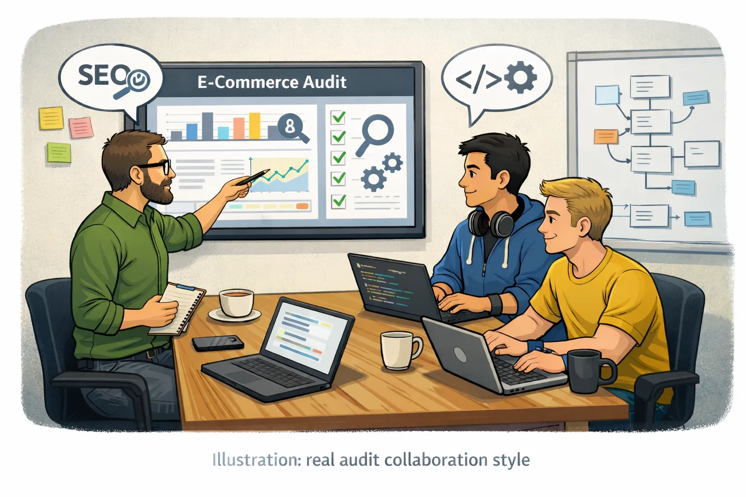 ecommerce audit illustration — developers and SEO team