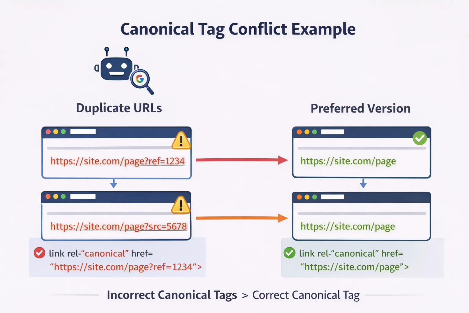 Example of canonical tag conflict between duplicate URLs and preferred version