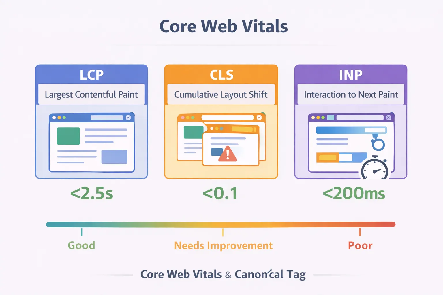 Core Web Vitals diagram explaining LCP, CLS and INP performance metrics