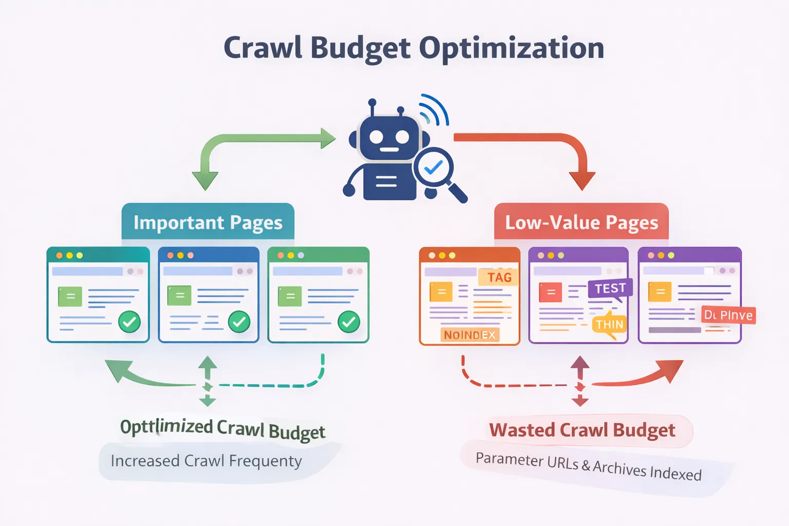 Crawl budget optimization diagram showing important vs low-value pages
