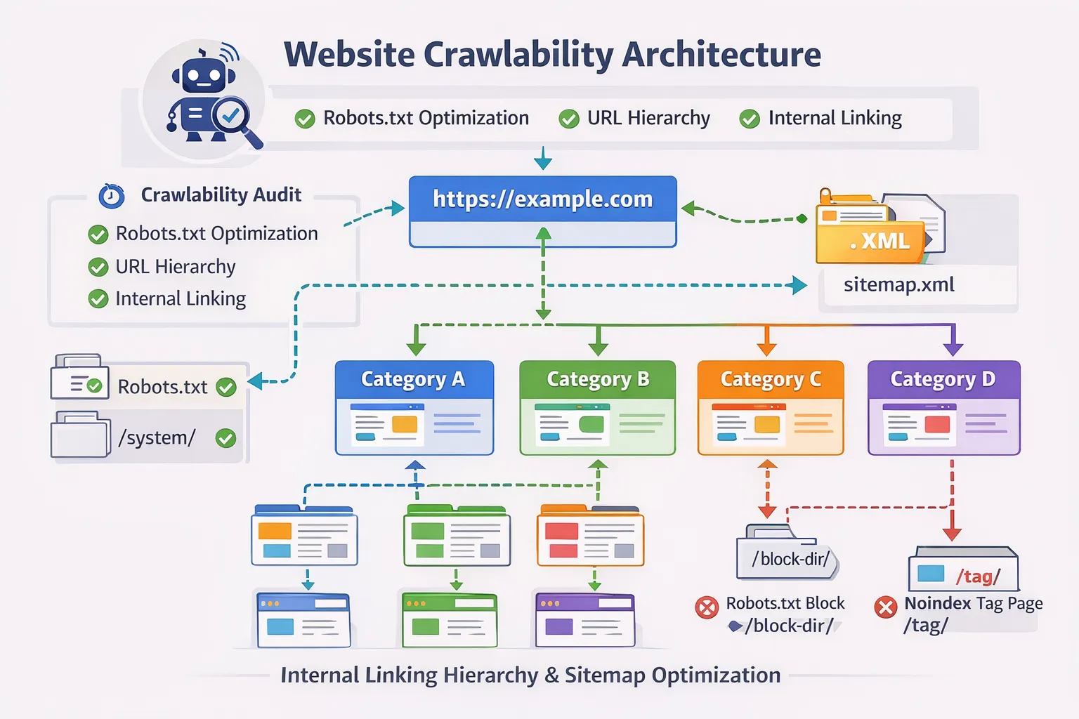 Website crawlability architecture showing internal linking structure and sitemap hierarchy