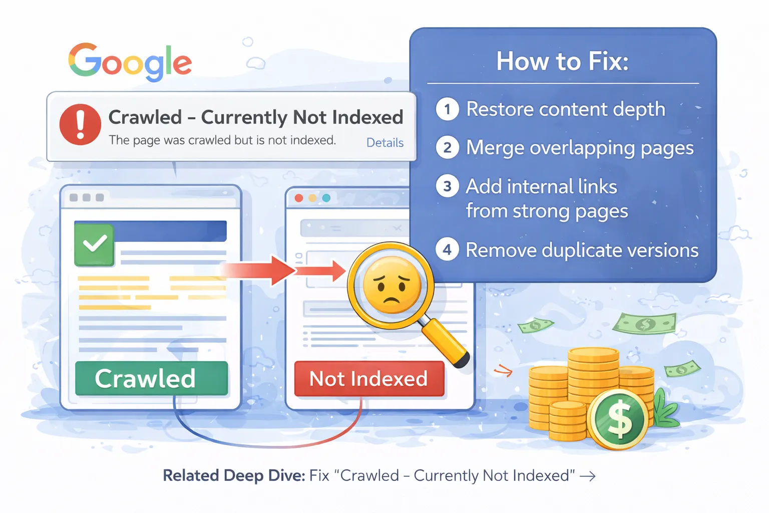 Crawled currently not indexed error in Google Search Console and how to fix indexing issues