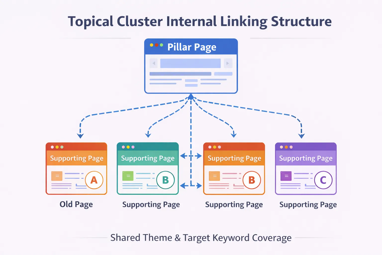 Topical cluster internal linking structure showing pillar and supporting pages