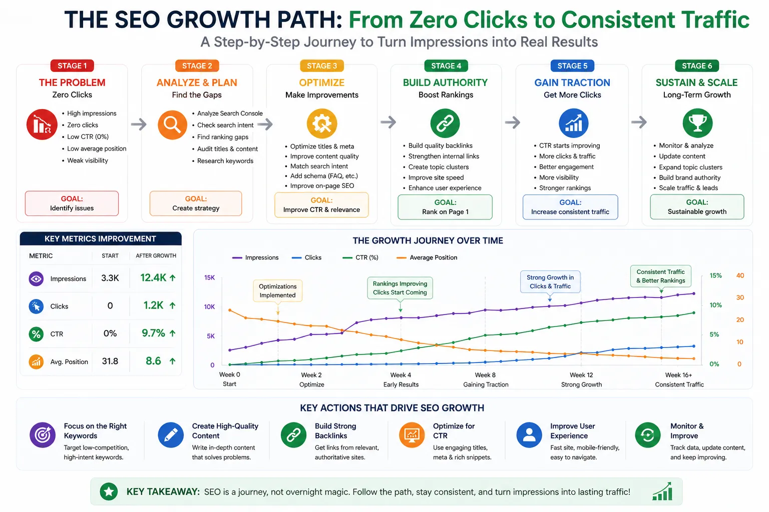 SEO growth path showing transition from zero clicks to consistent traffic