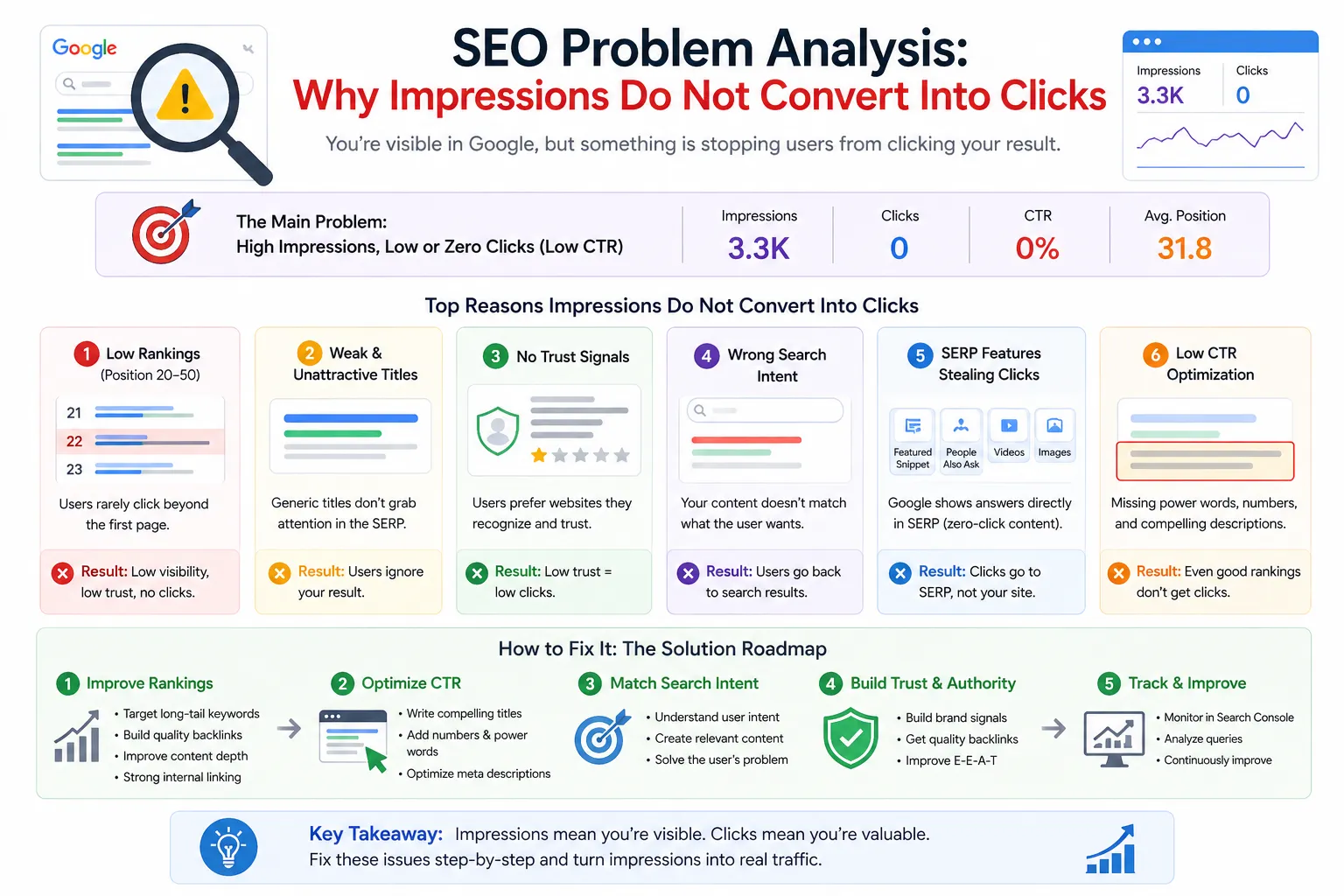 SEO problem analysis showing why impressions do not convert into clicks