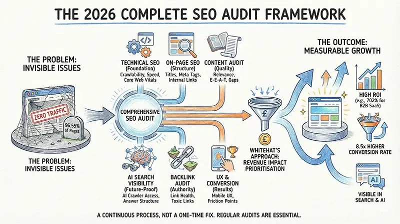 Technical SEO audit framework showing crawlability, indexing, canonical, redirects, performance and structured data
