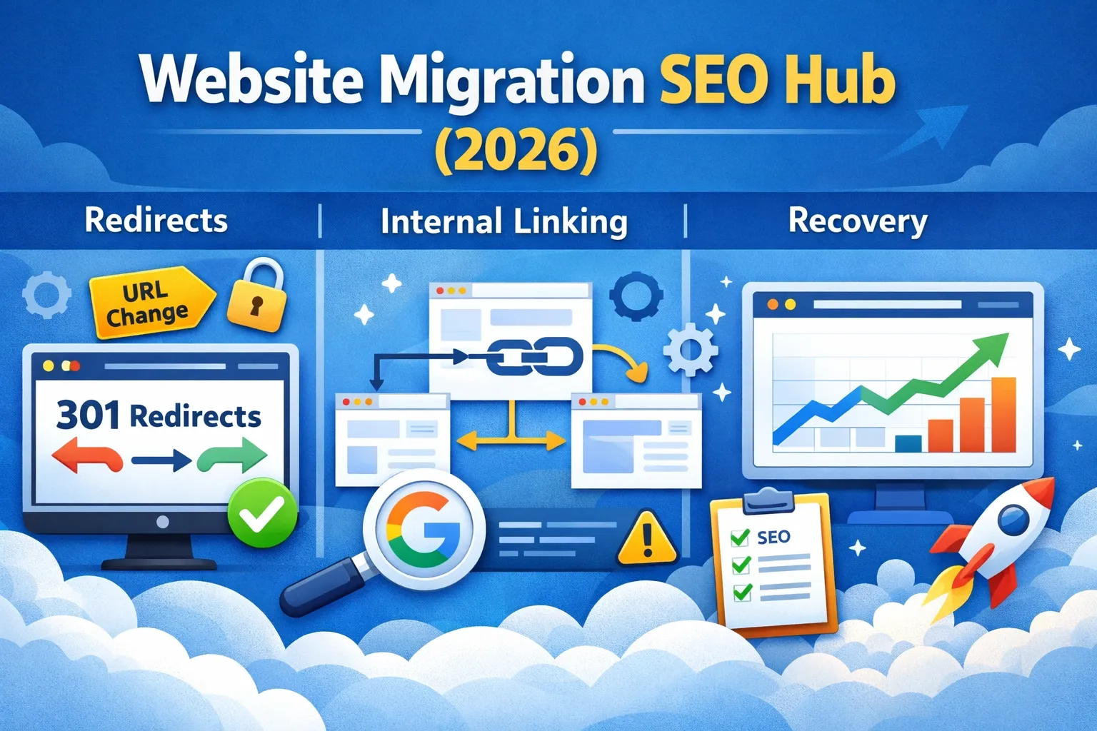 Website migration SEO hub showing internal linking, redirects, and recovery process